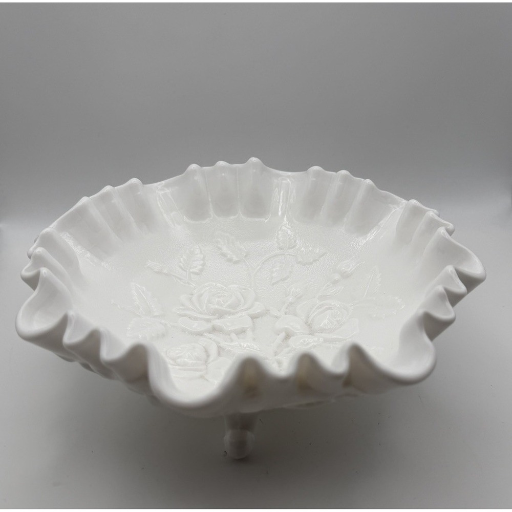 Vintage Imperial Glass Milk Glass Ruffled Footed Bowl Rose Floral Embossed